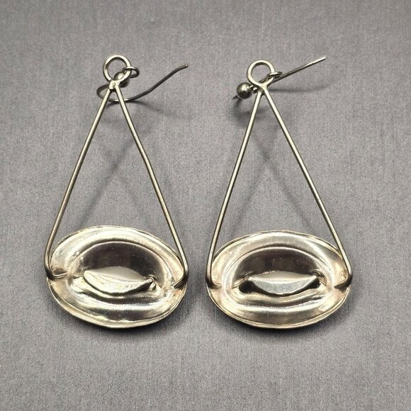 VTG Sterling Silver 925 Triangular Frame Dangle Earrings 2.25" Modernist - Picture 3 of 8